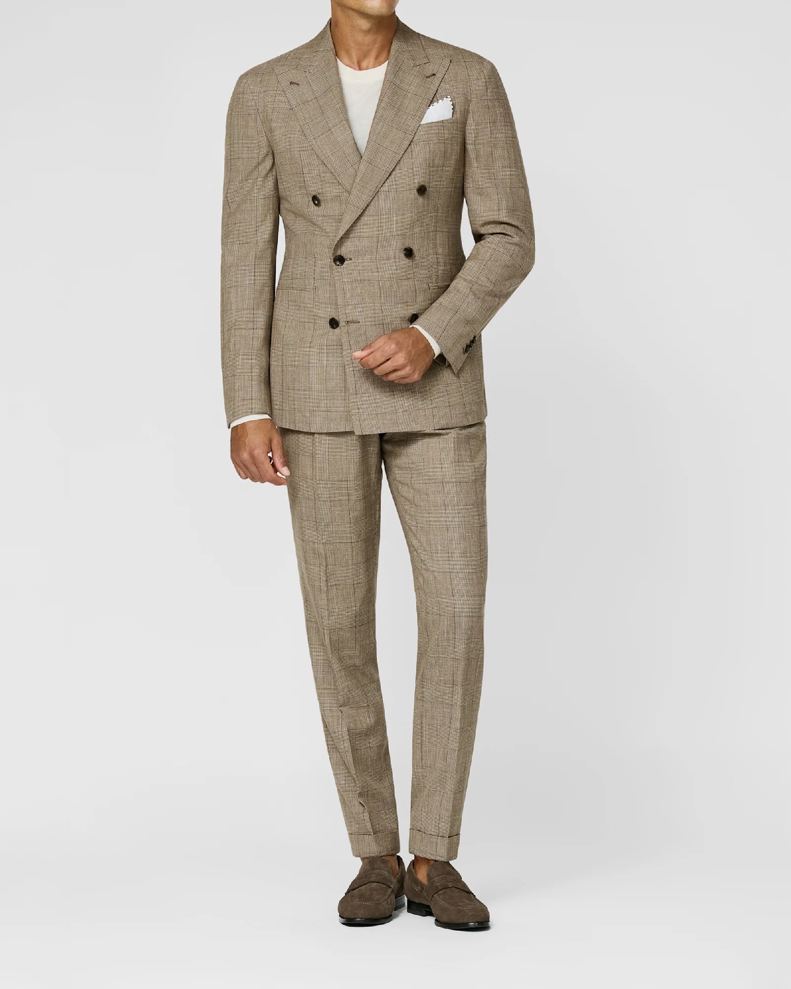 Light Brown & Sand Suit in Wool Silk Linen Glencheck