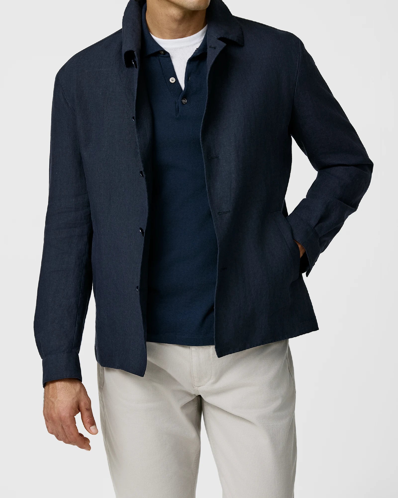Navy Blue Shirt Jacket in Pure Linen