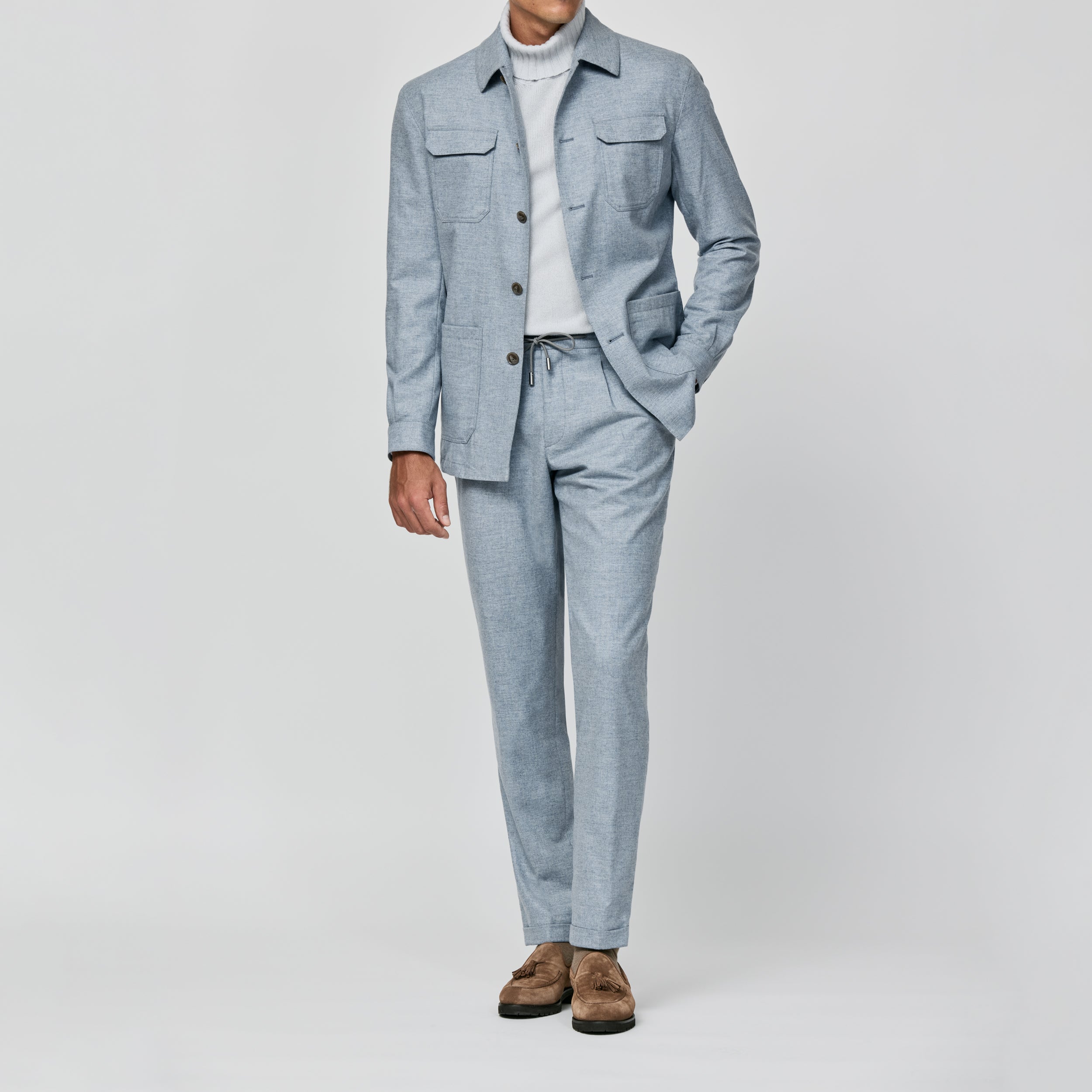 Ice Blue-Grey Wool-Cashmere Safari Suit