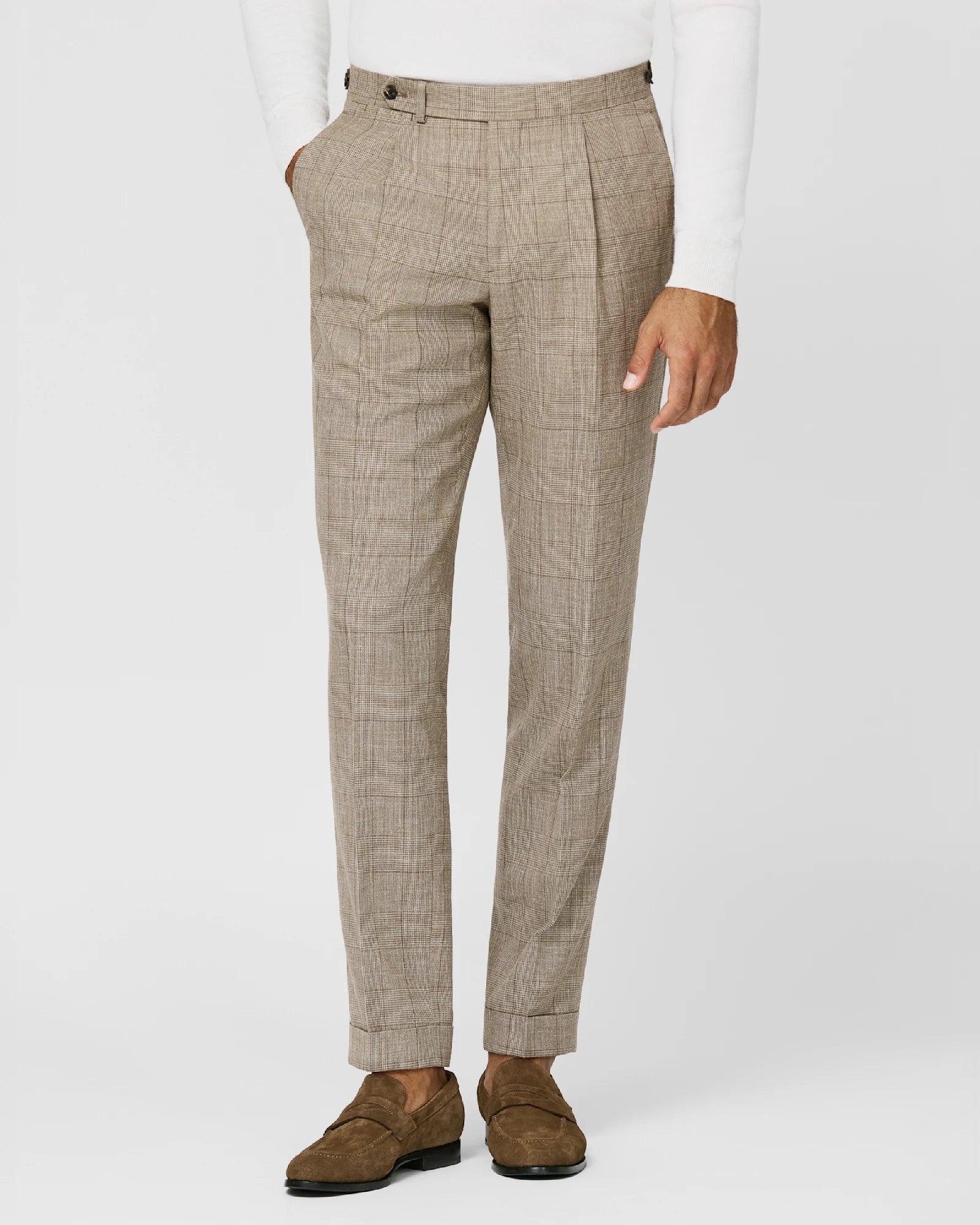 Light Brown & Sand Suit in Wool Silk Linen Glencheck