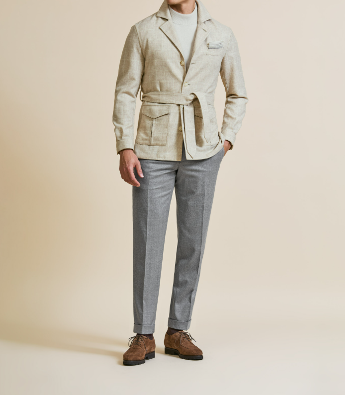 Sand Wool-Cashmere Belted Safari Jacket with tonal windowpane