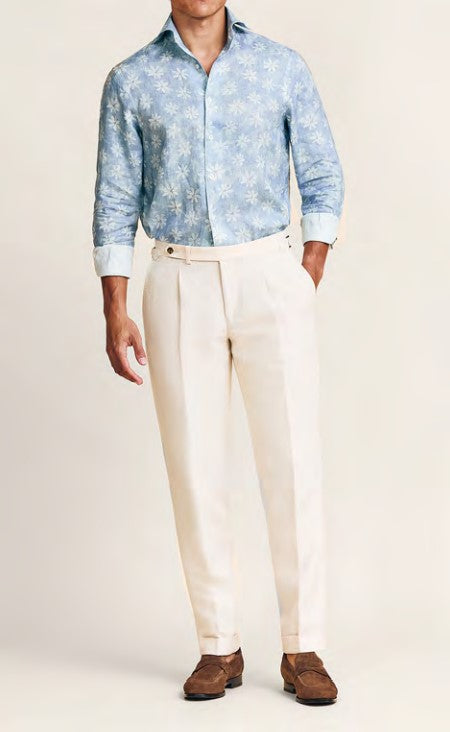 Light Blue Linen Shirt with White Floral Pattern