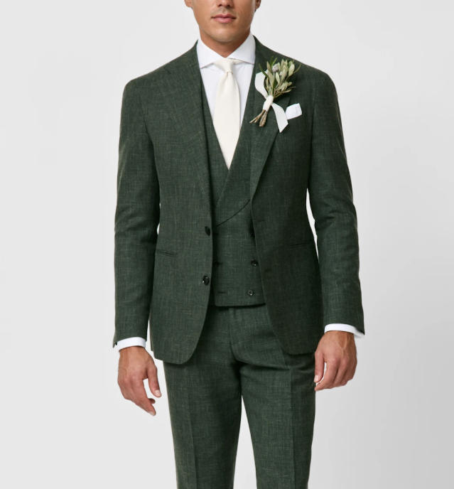 Dark Green Wool-Silk-Linen 3-Piece Suit