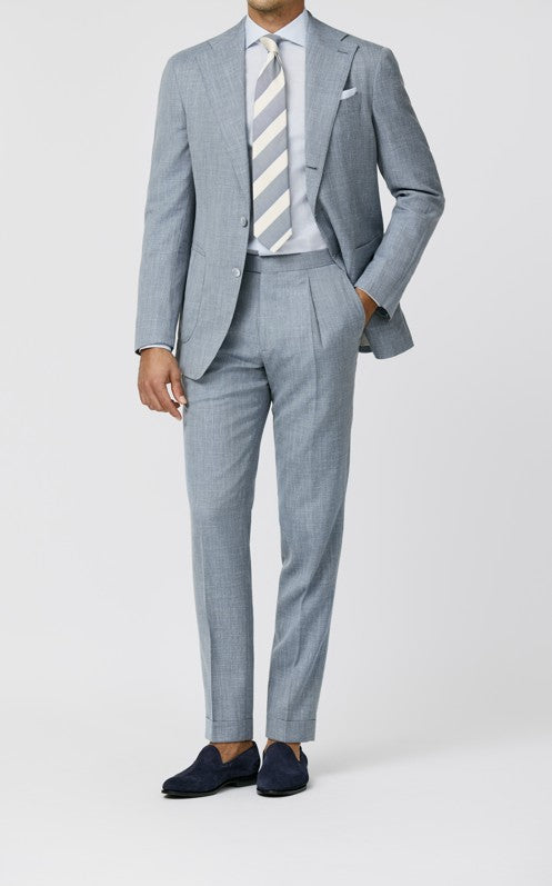 Melange Blue Suit in Linen Silk Wool Tropical Fabric