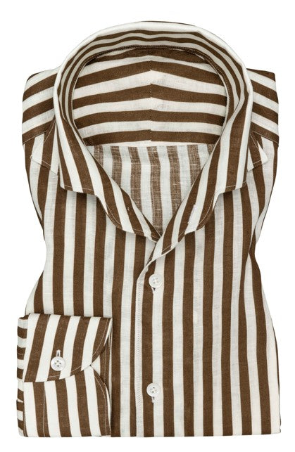 White and Tobacco Brown Linen Pinstripe Shirt