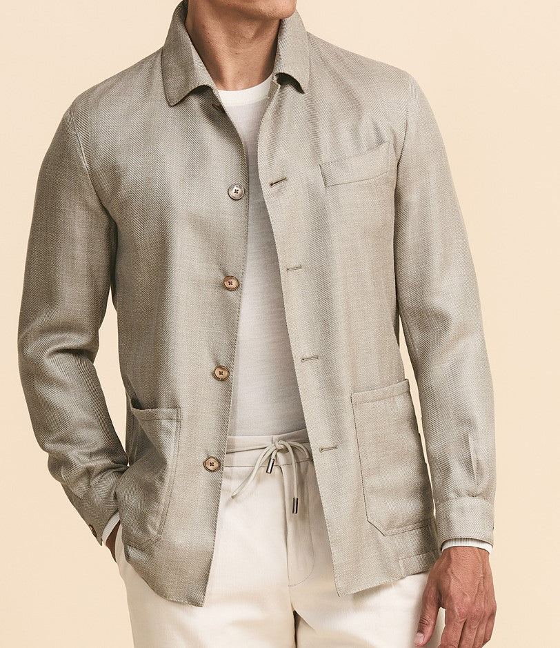 Biege Herringbone Shirt Jacket in Wool-Silk-Linen Blend image 3