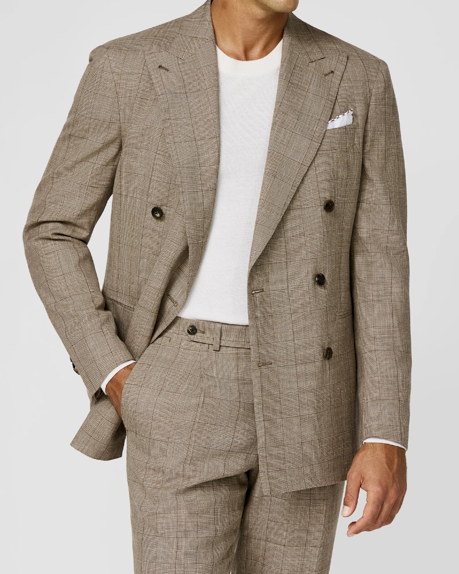 Light Brown & Sand Suit in Wool Silk Linen Glencheck