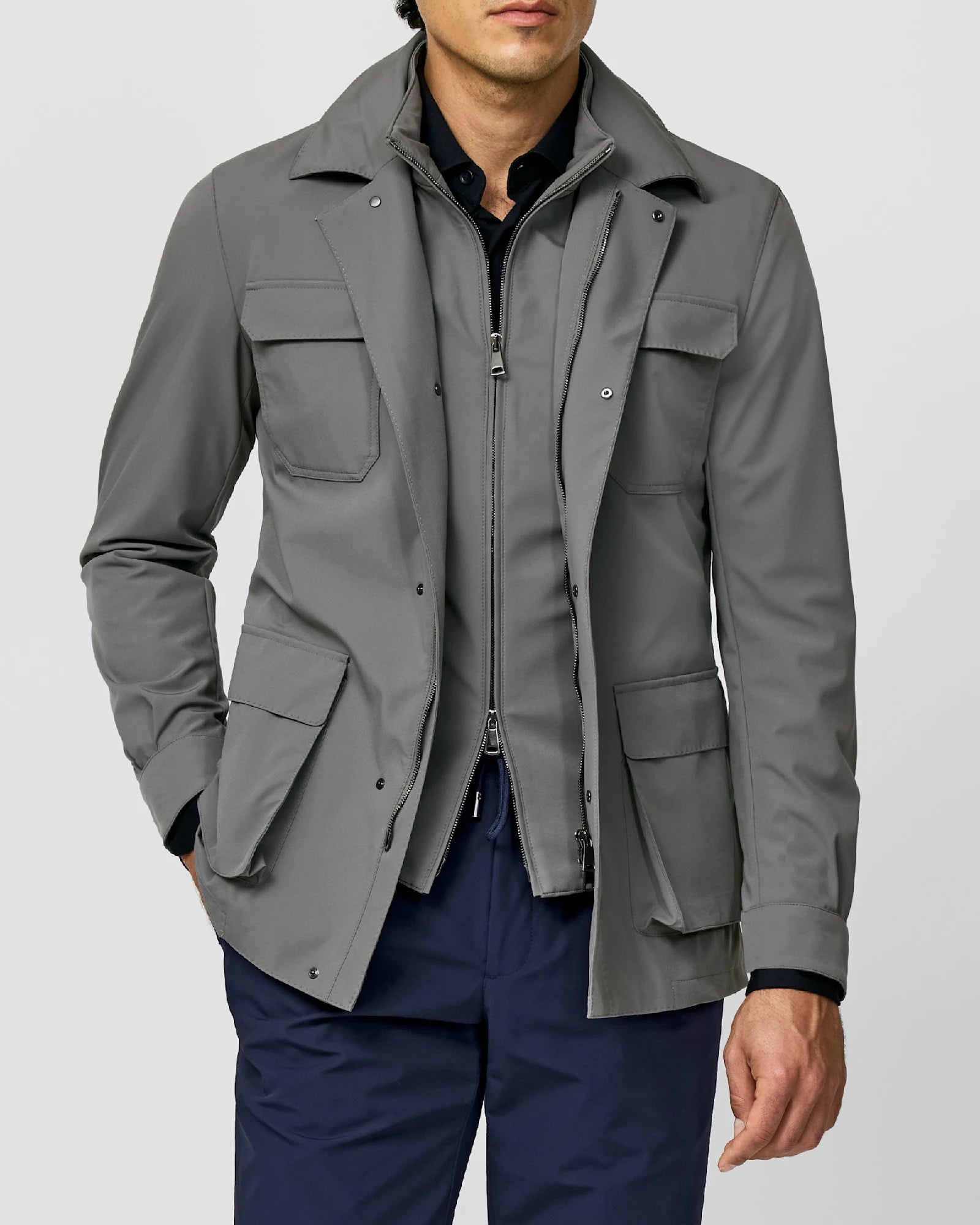 Steel Gray Safari Jacket in Technical Stretch Fabric