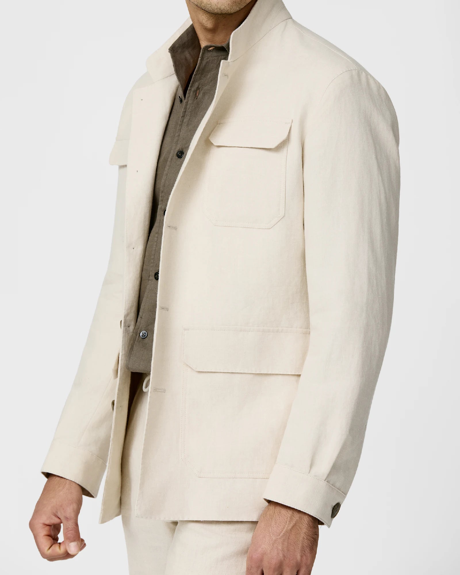 Sand Safari Suit in Pure Linen with Nehru Collar