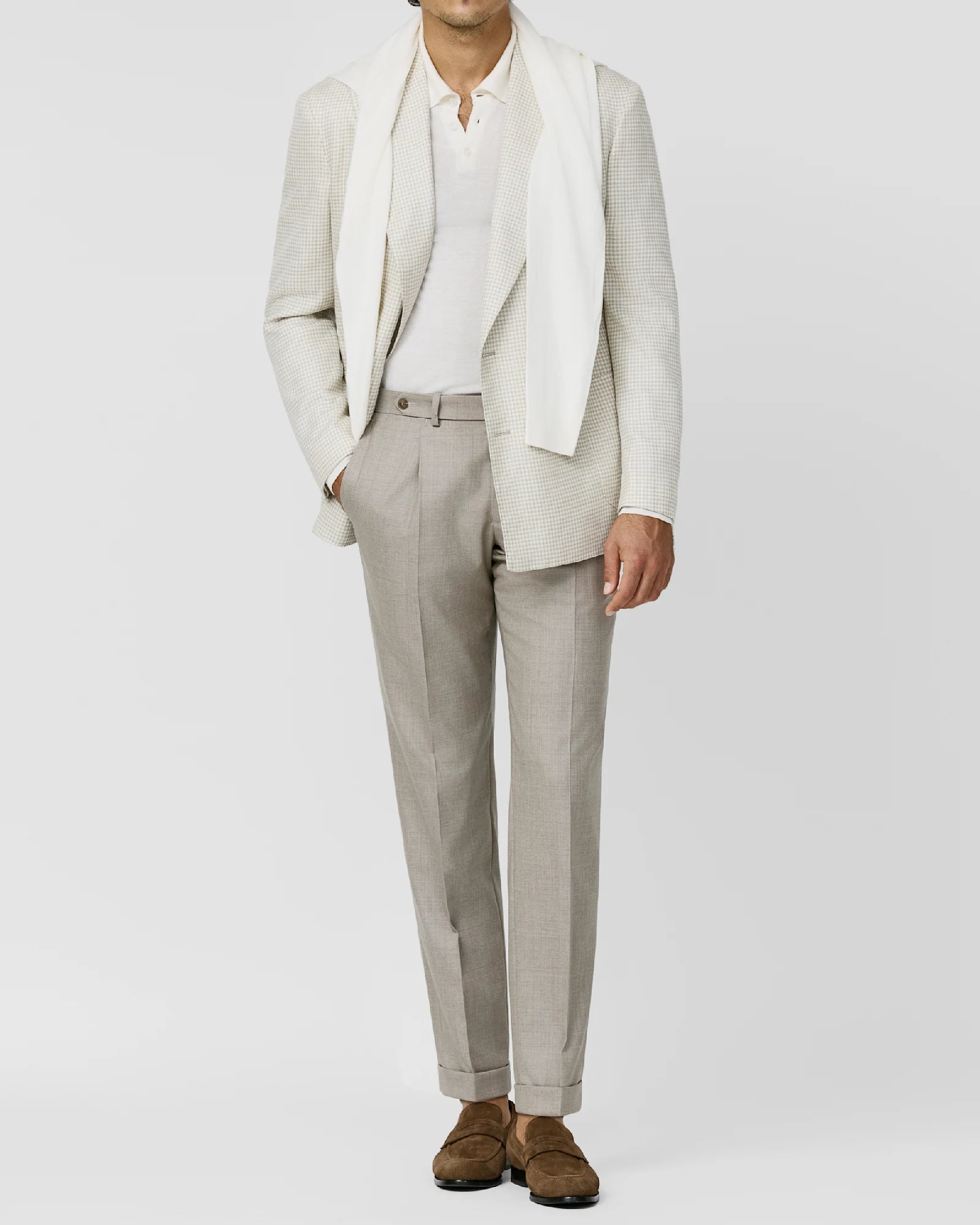 Ivory-Ecru Jacket in Linen Silk Wool Houndstooth Pattern