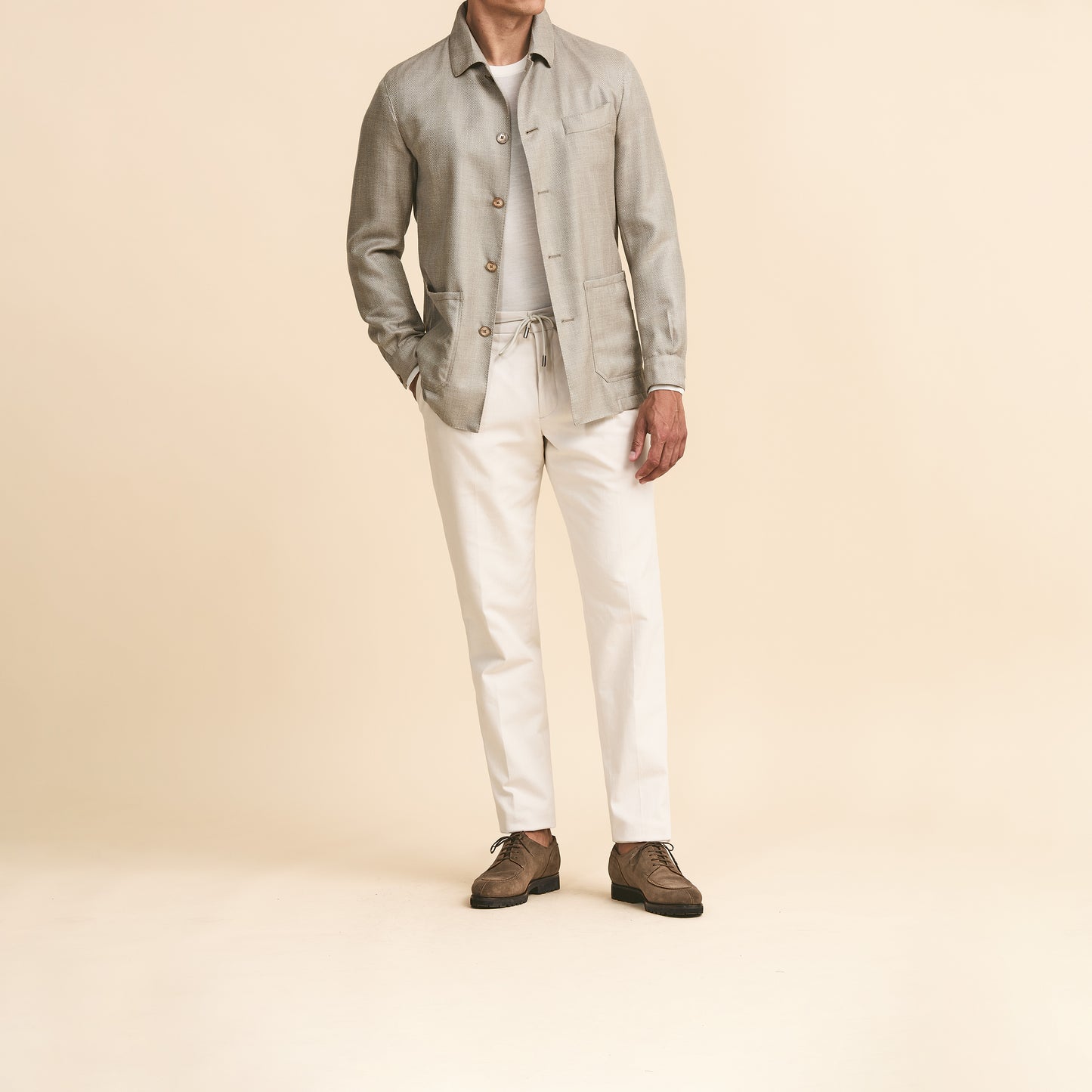 Biege Herringbone Shirt Jacket in Wool-Silk-Linen Blend image 0