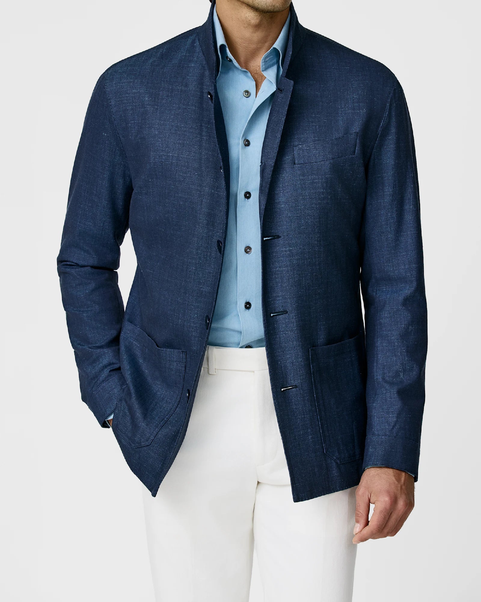 Indigo Jacket with Nehru Collar in Wool Silk Linen