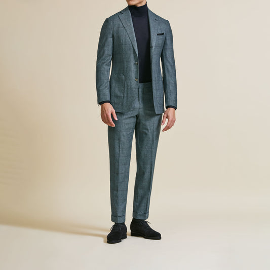Petrol Color Super130 Wool Glencheck Suit