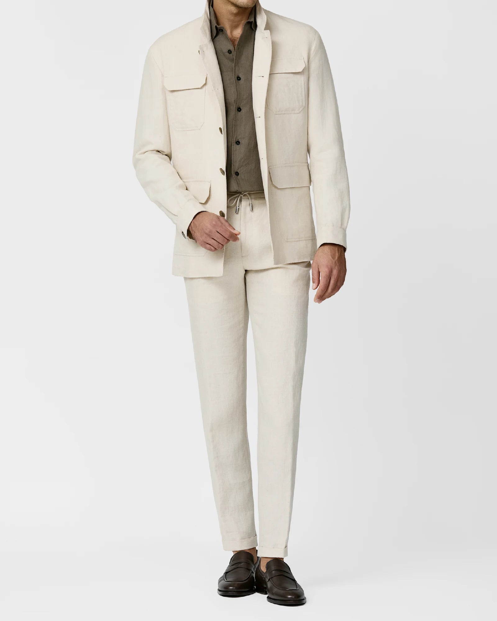 Sand Safari Suit in Pure Linen with Nehru Collar