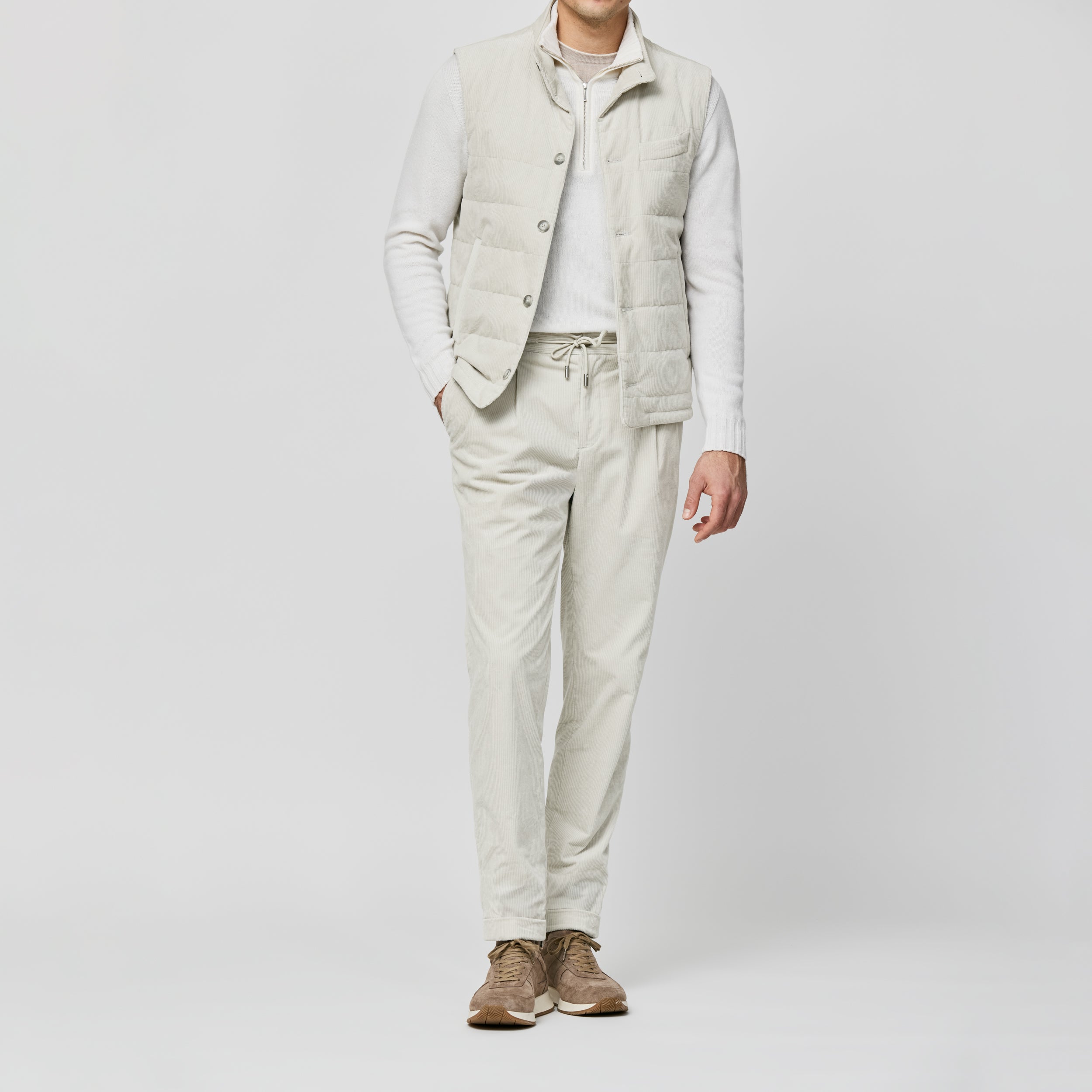 Ice Grey Stretch Cotton Corduroy Vest and Drawstring Trousers