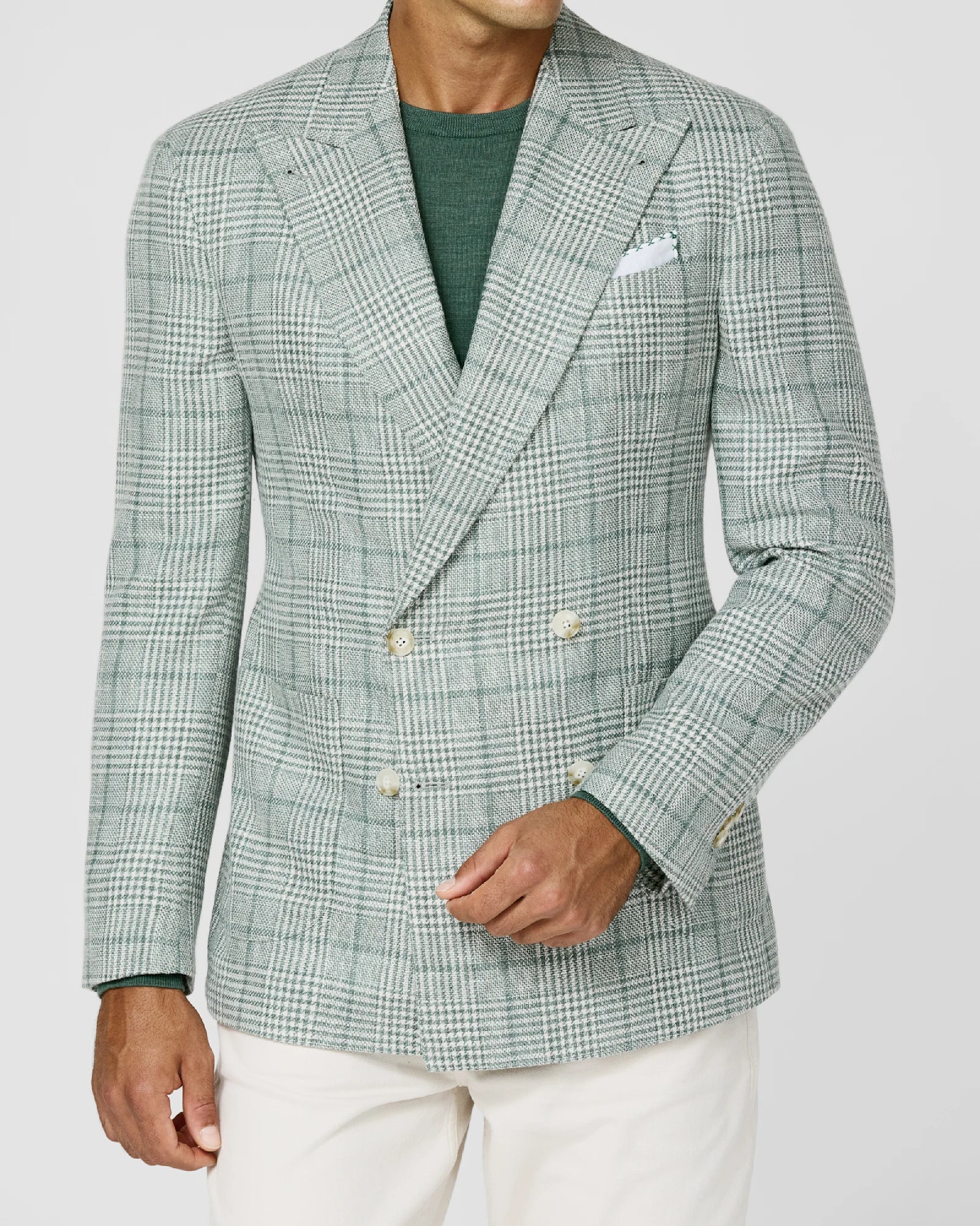 Bottle Green Jacket in Wool Silk Linen Glencheck Pattern