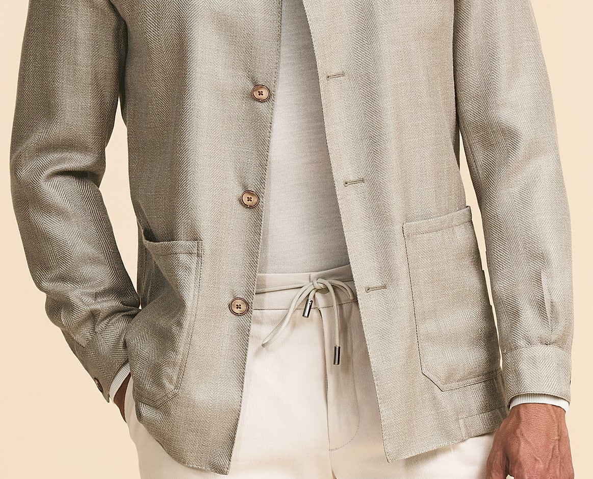 Biege Herringbone Shirt Jacket in Wool-Silk-Linen Blend image 4