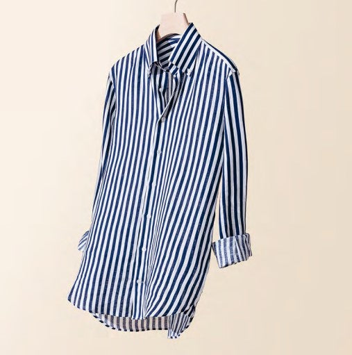 White and Navy Blue Linen Pinstripe Shirt