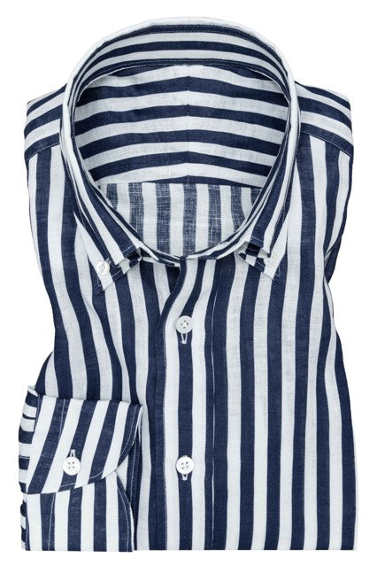 White and Navy Blue Linen Pinstripe Shirt