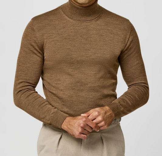 Medium Brown Melange Merino Wool Turtleneck