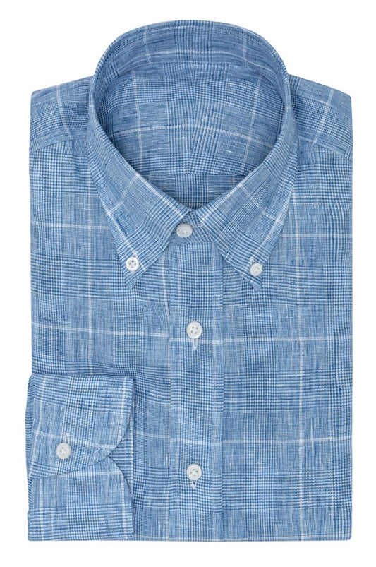 Cobalt Blue and White Glencheck Linen Shirt