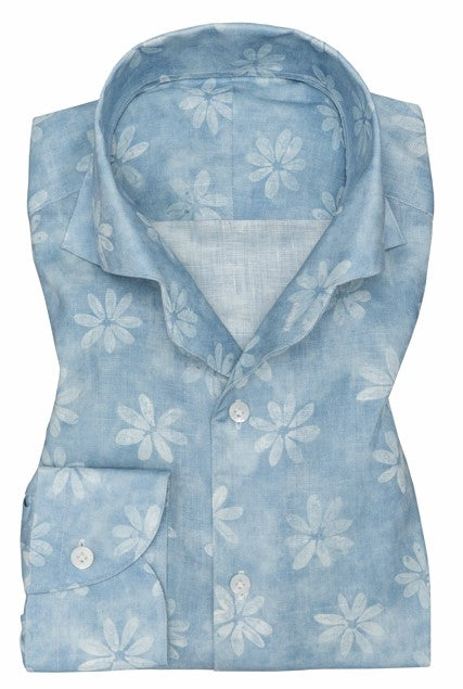 Light Blue Linen Shirt with White Floral Pattern