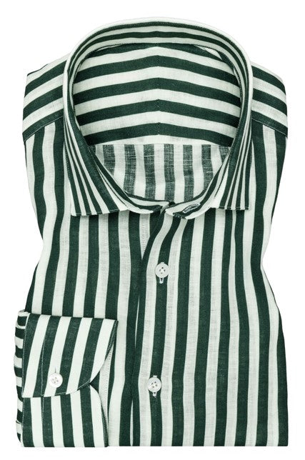 White and Bottle Green Linen Pinstripe Shirt