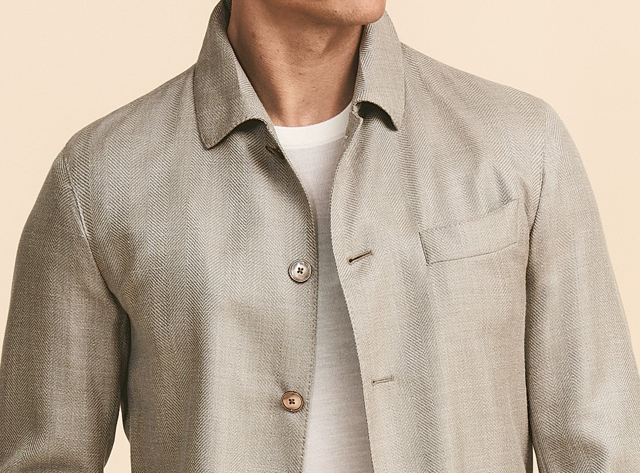 Biege Herringbone Shirt Jacket in Wool-Silk-Linen Blend 32