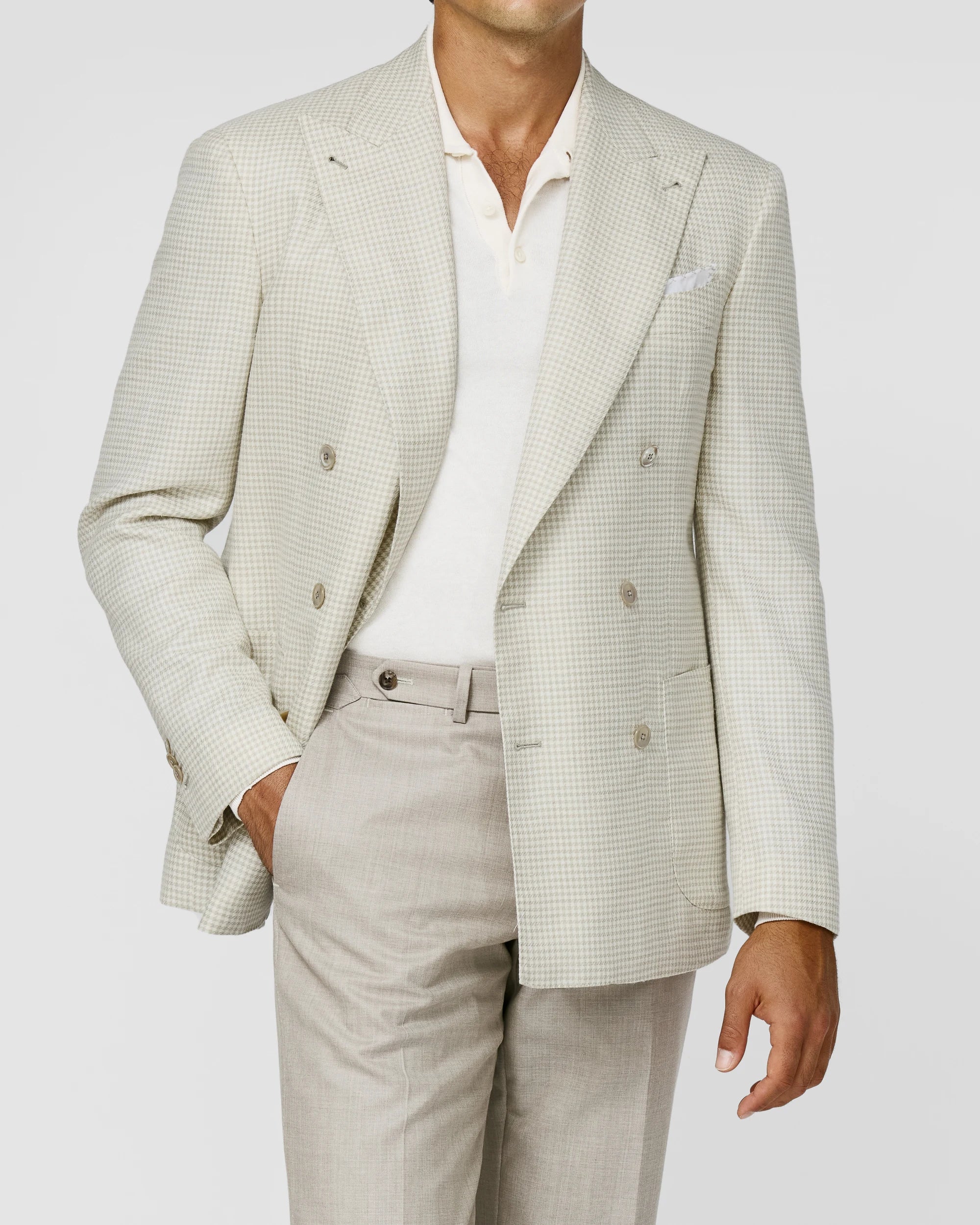 Ivory-Ecru Jacket in Linen Silk Wool Houndstooth Pattern